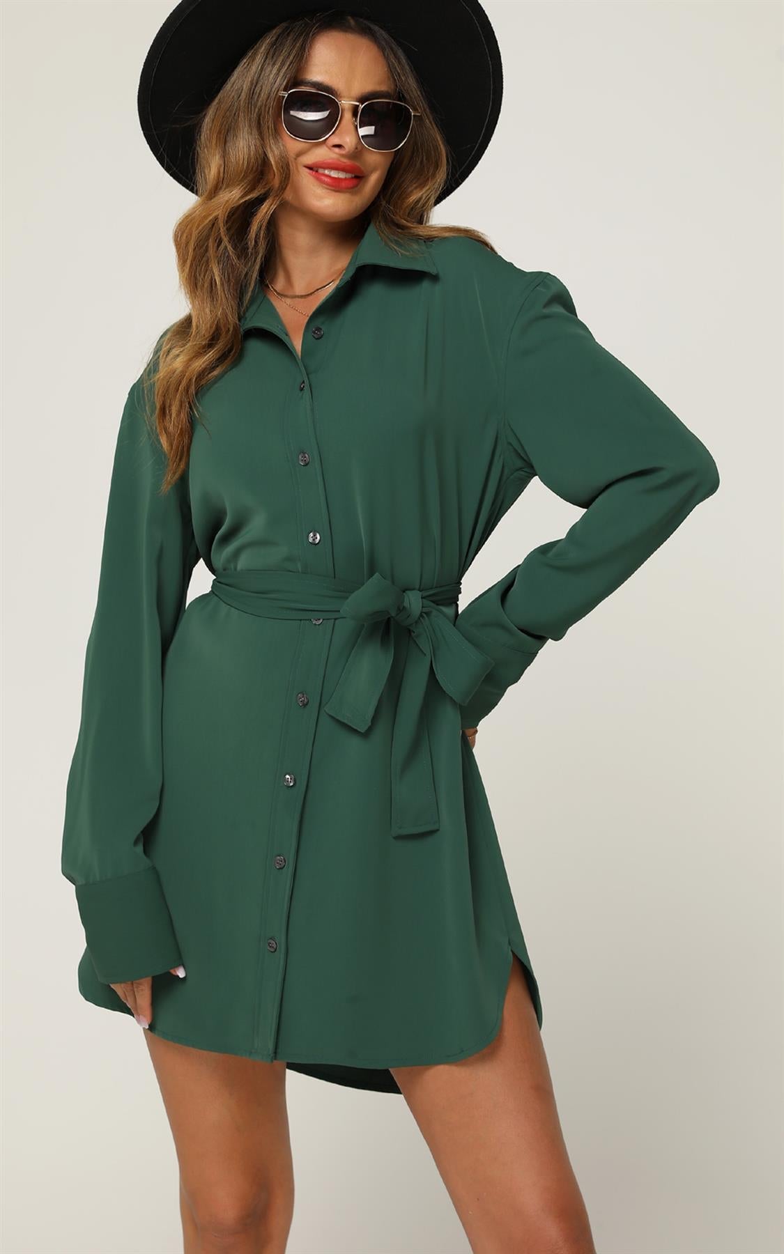 Relaxed Rounded Side Split Mini Shirt Dress In Green - AXON