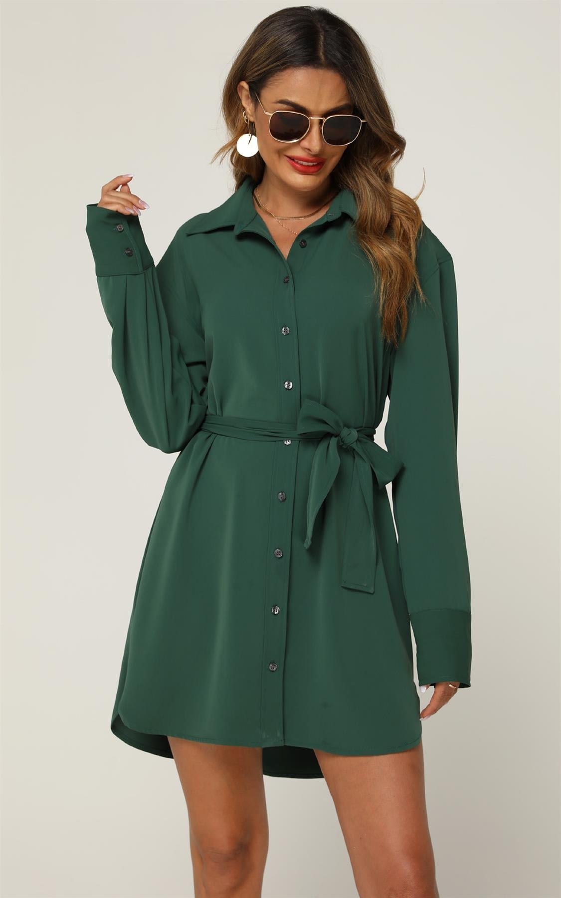 Relaxed Rounded Side Split Mini Shirt Dress In Green - AXON
