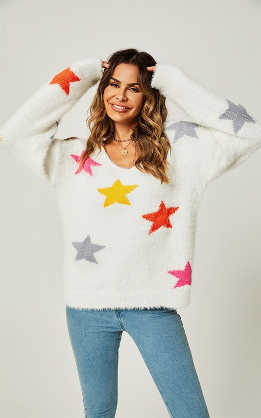 Relaxed Soft Comfy V Neck White Star Pattern Jumper Top In White - AXON