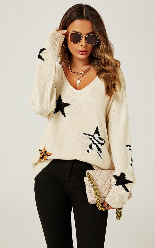 Relaxed Soft V Neck Animal Star Pattern Jumper Top In Beige - AXON