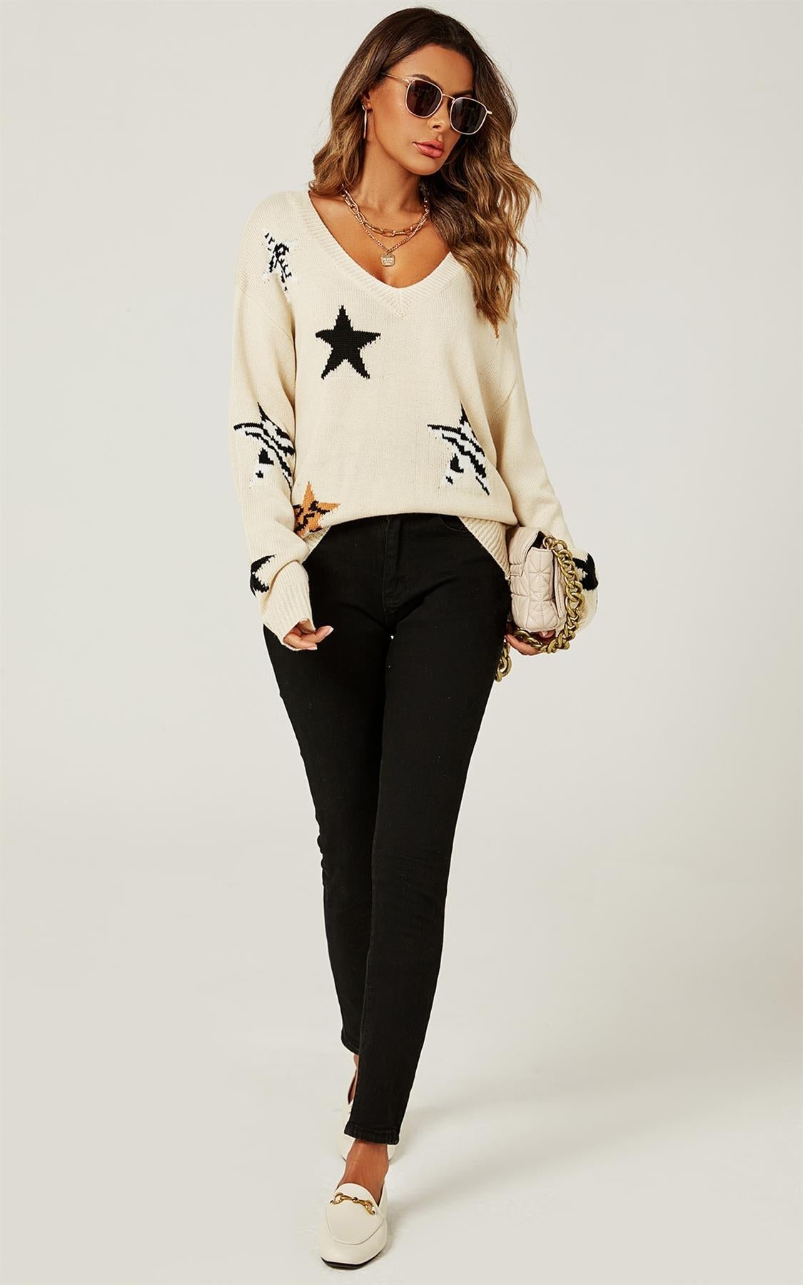 Relaxed Soft V Neck Animal Star Pattern Jumper Top In Beige - AXON