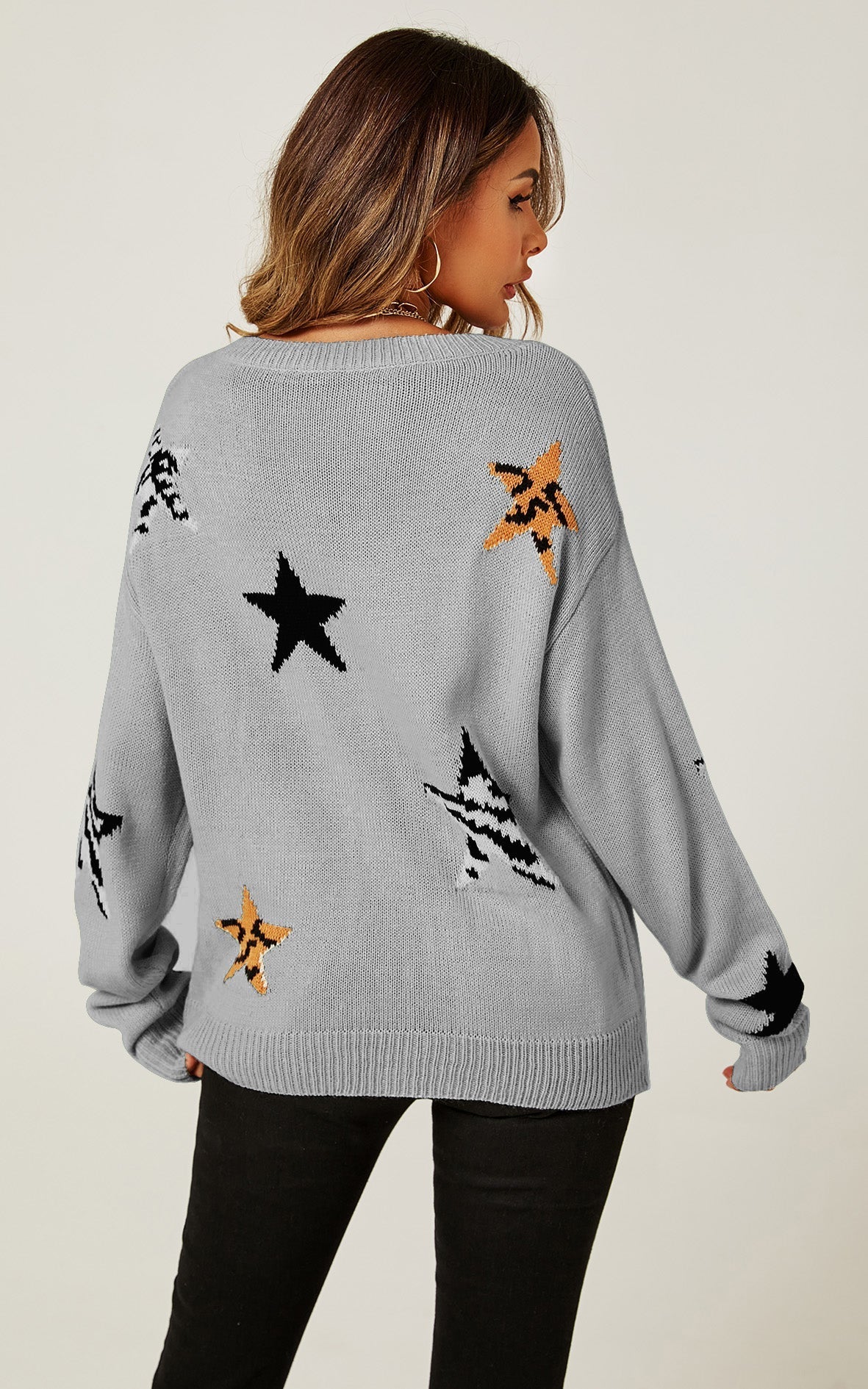 Relaxed Soft V Neck Animal Star Pattern Jumper Top In Beige - AXON