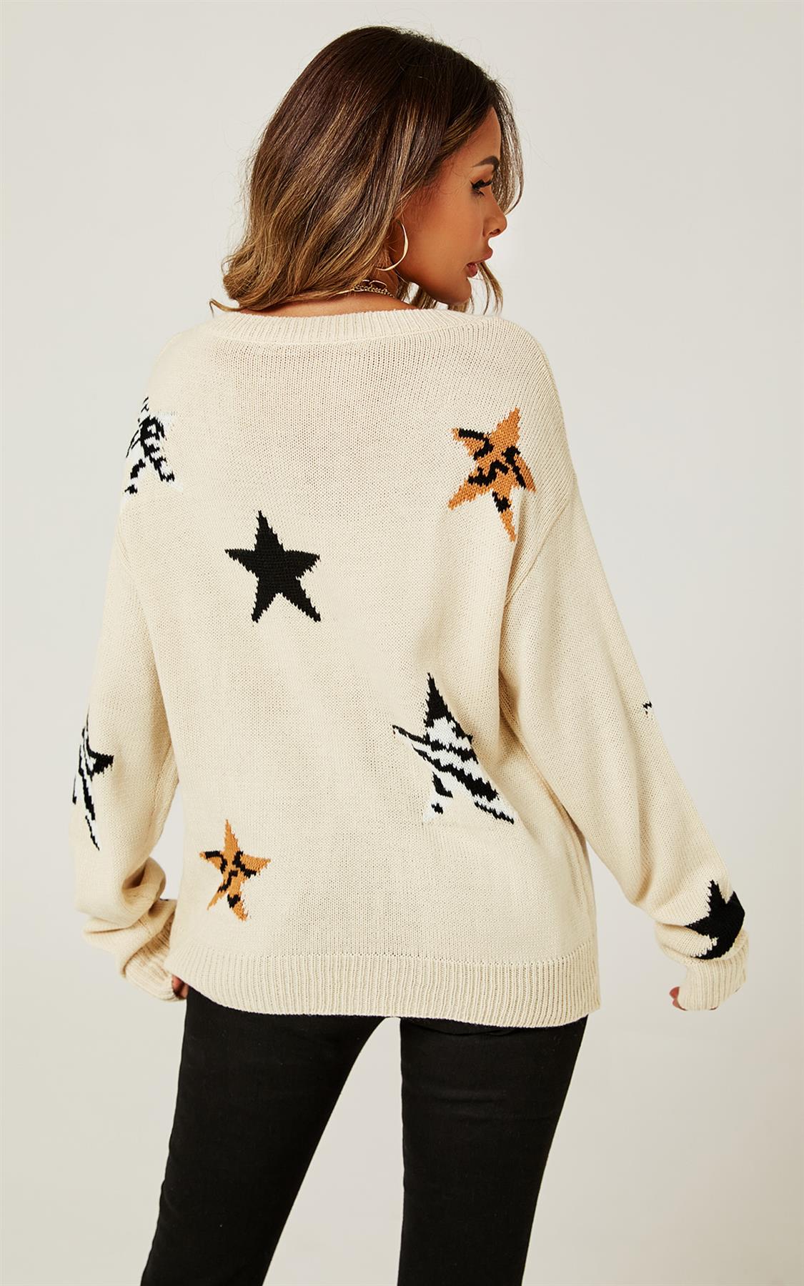 Relaxed Soft V Neck Animal Star Pattern Jumper Top In Beige - AXON