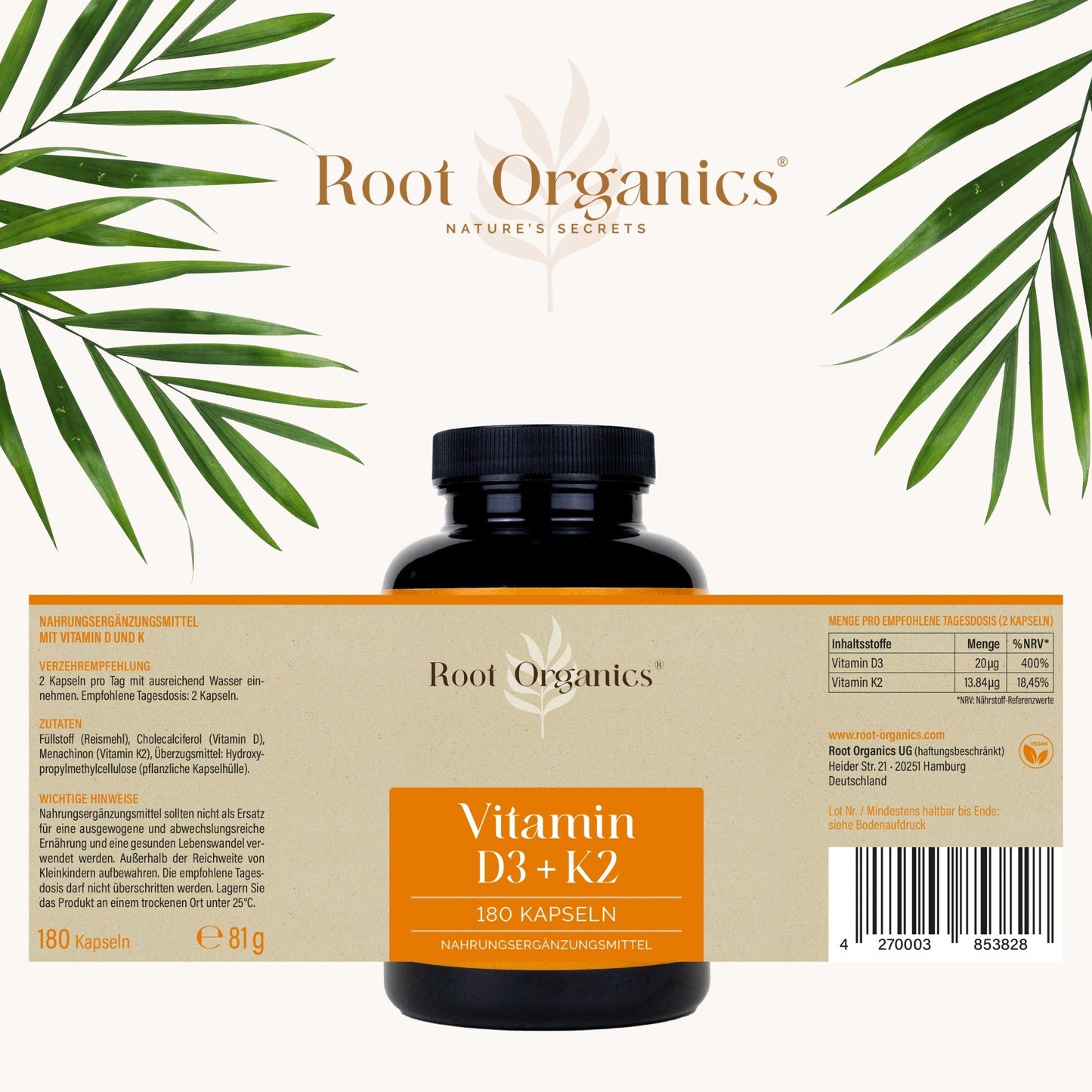 Root Organics® Vitamin D3 + K2 Kapseln – Unterstützung für Knochen, Muskeln & Immunsystem - AXON