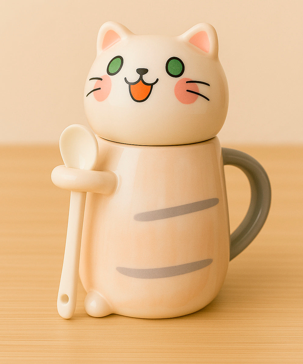 Schmuck Duftkerze mit Motiv Katze, in Keramiktasse mit Deckel und Löffel