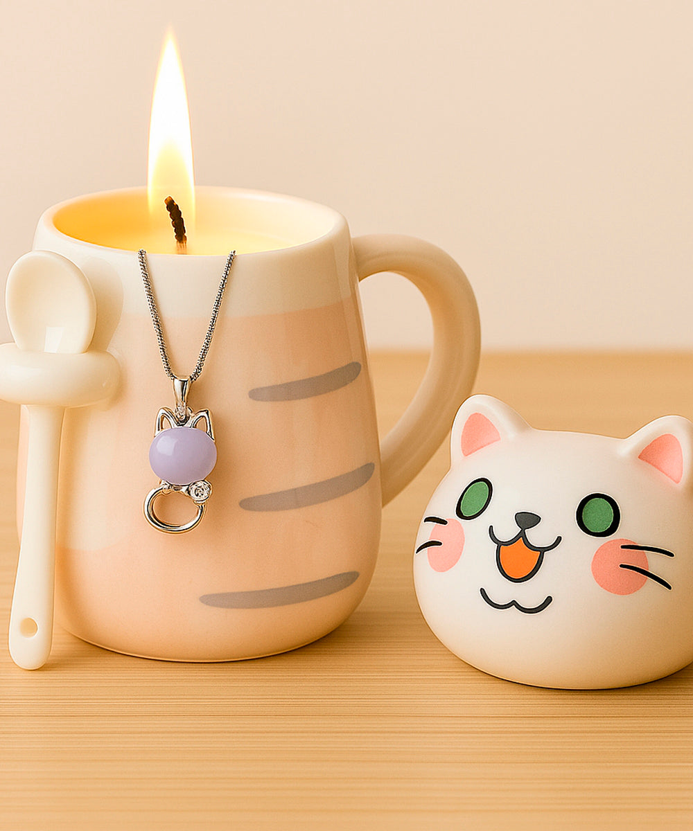 Schmuck Duftkerze mit Motiv Katze, in Keramiktasse mit Deckel und Löffel