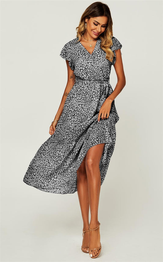 Ruffled Angel Sleeve Wrap Dress In Black Leopard Print - AXON
