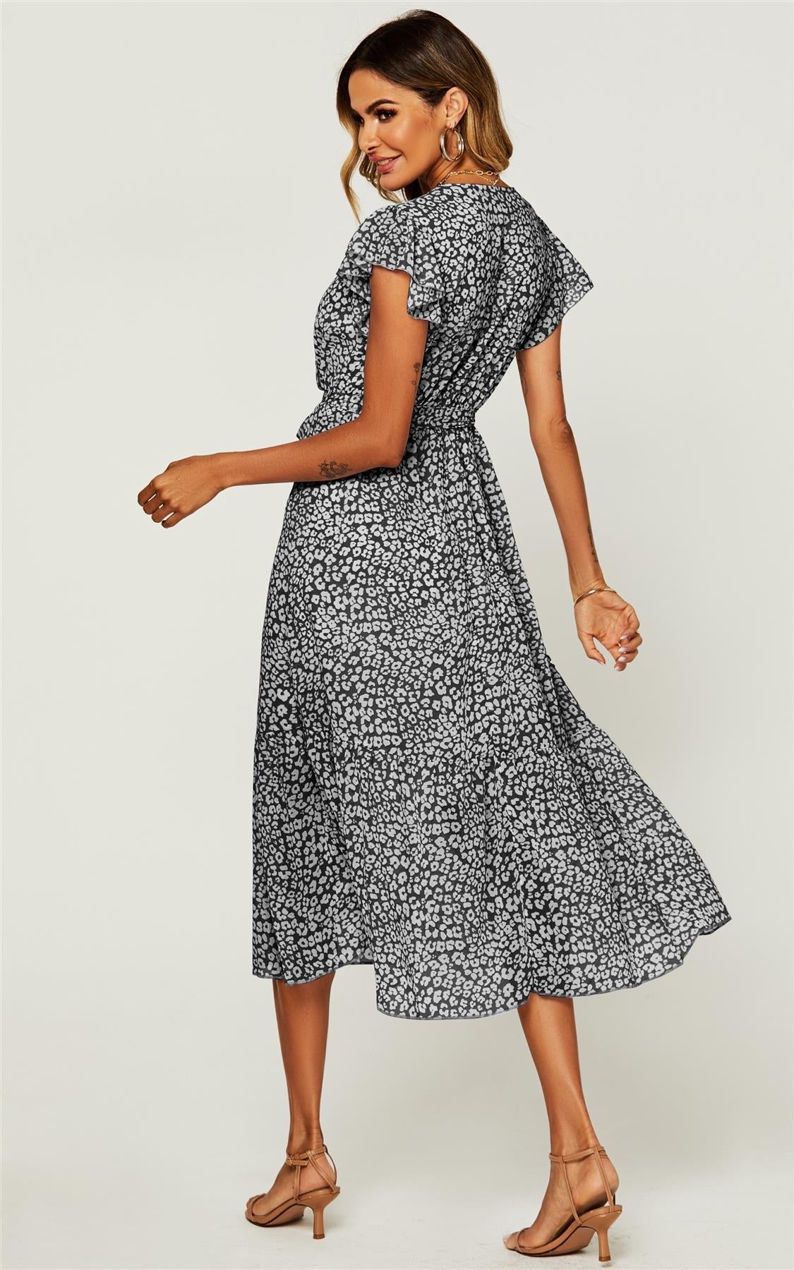 Ruffled Angel Sleeve Wrap Dress In Black Leopard Print - AXON