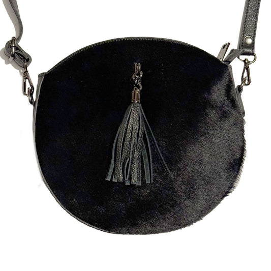 Runde Umhänge Handtasche mit Fell Schwarz - AXON