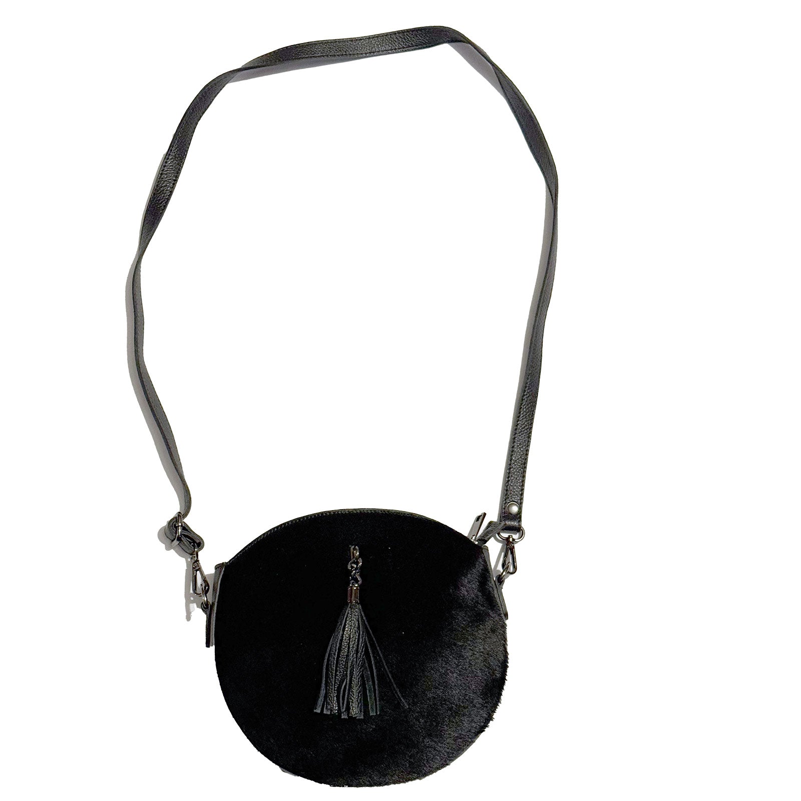 Runde Umhänge Handtasche mit Fell Schwarz - AXON