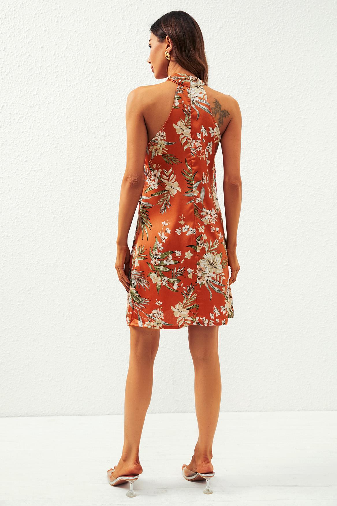 Satin Floral Print Halter Neck Mini Dress In Orange - AXON