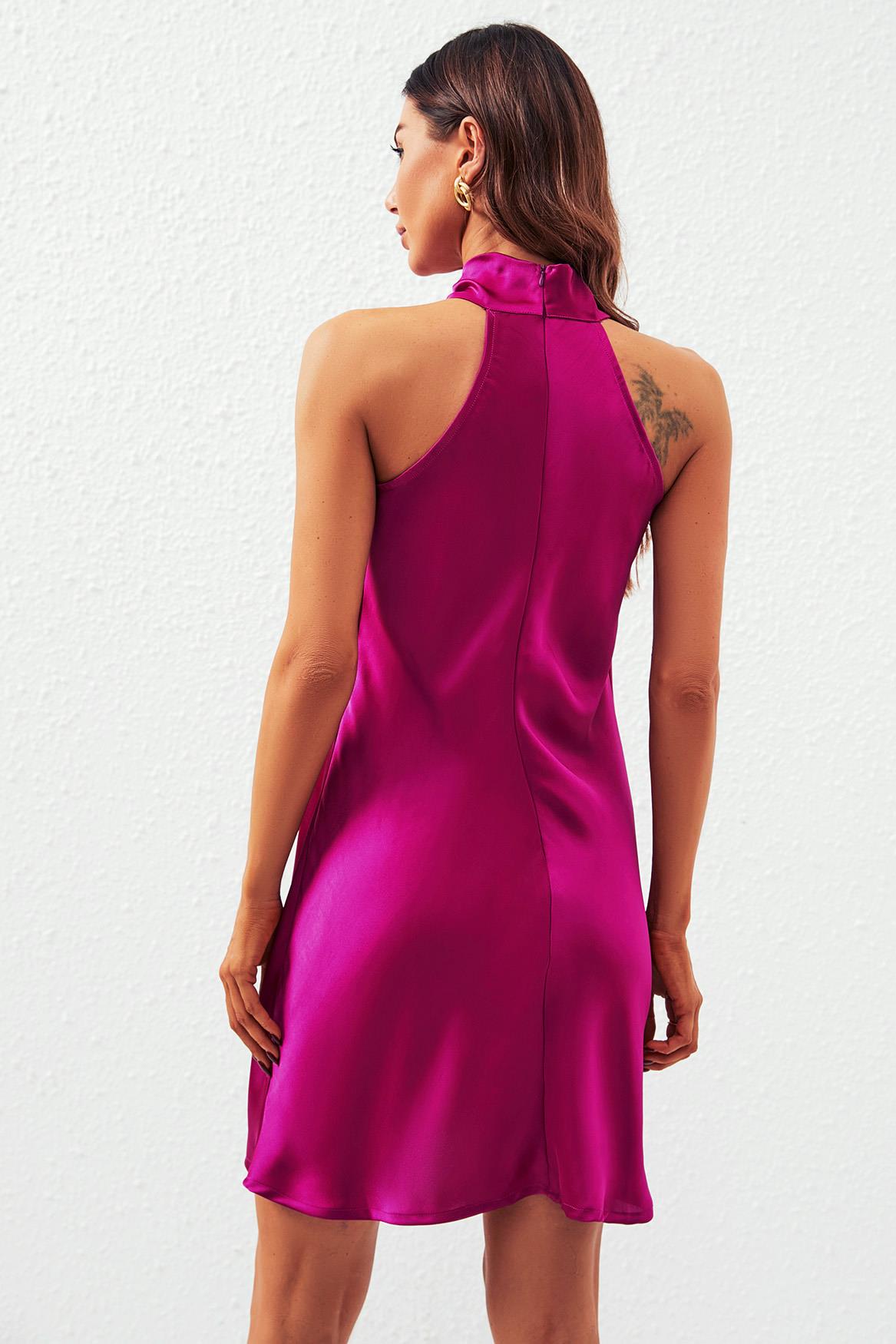 Satin Halter Neck Mini Dress In Fuchsia - AXON