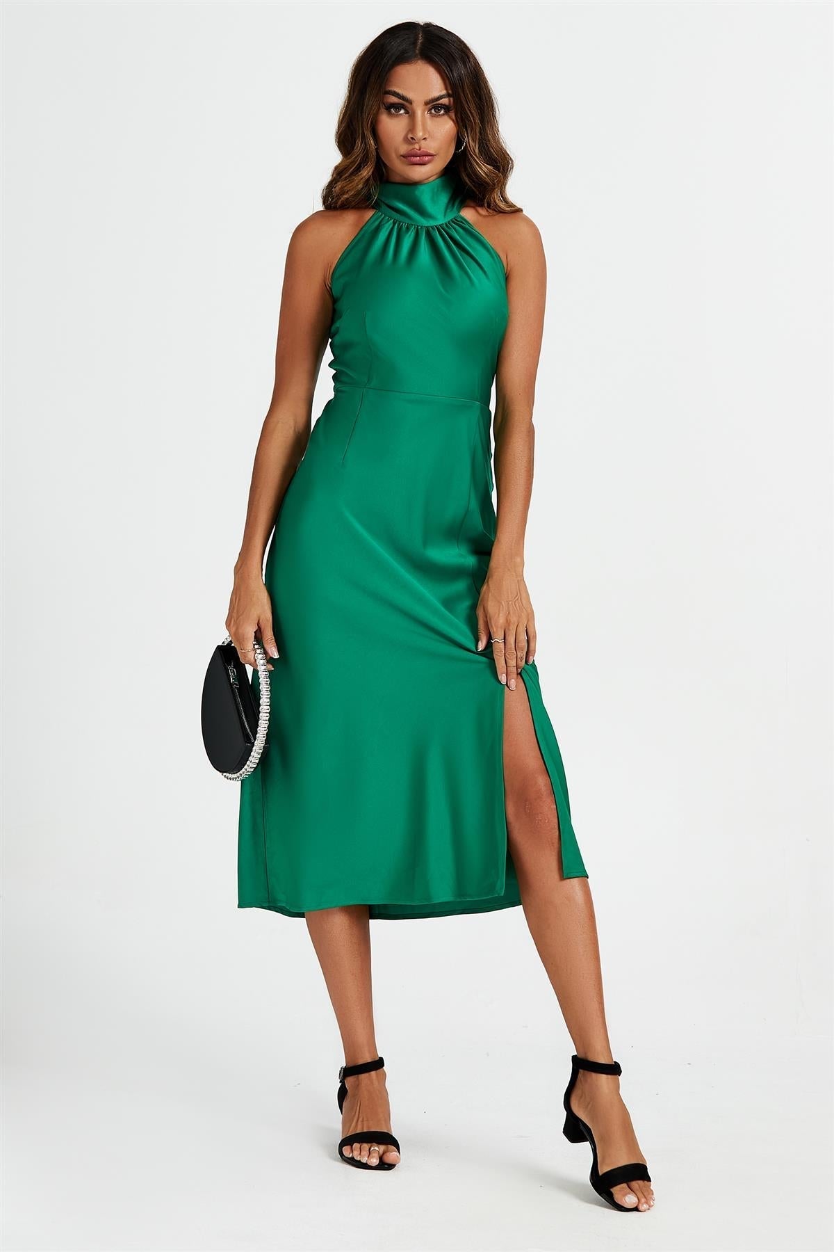 Satin Halter Neck Tie Back Midi Dress In Green - AXON