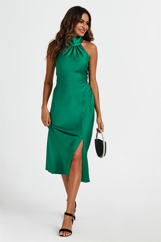 Satin Halter Neck Tie Back Midi Dress In Green - AXON