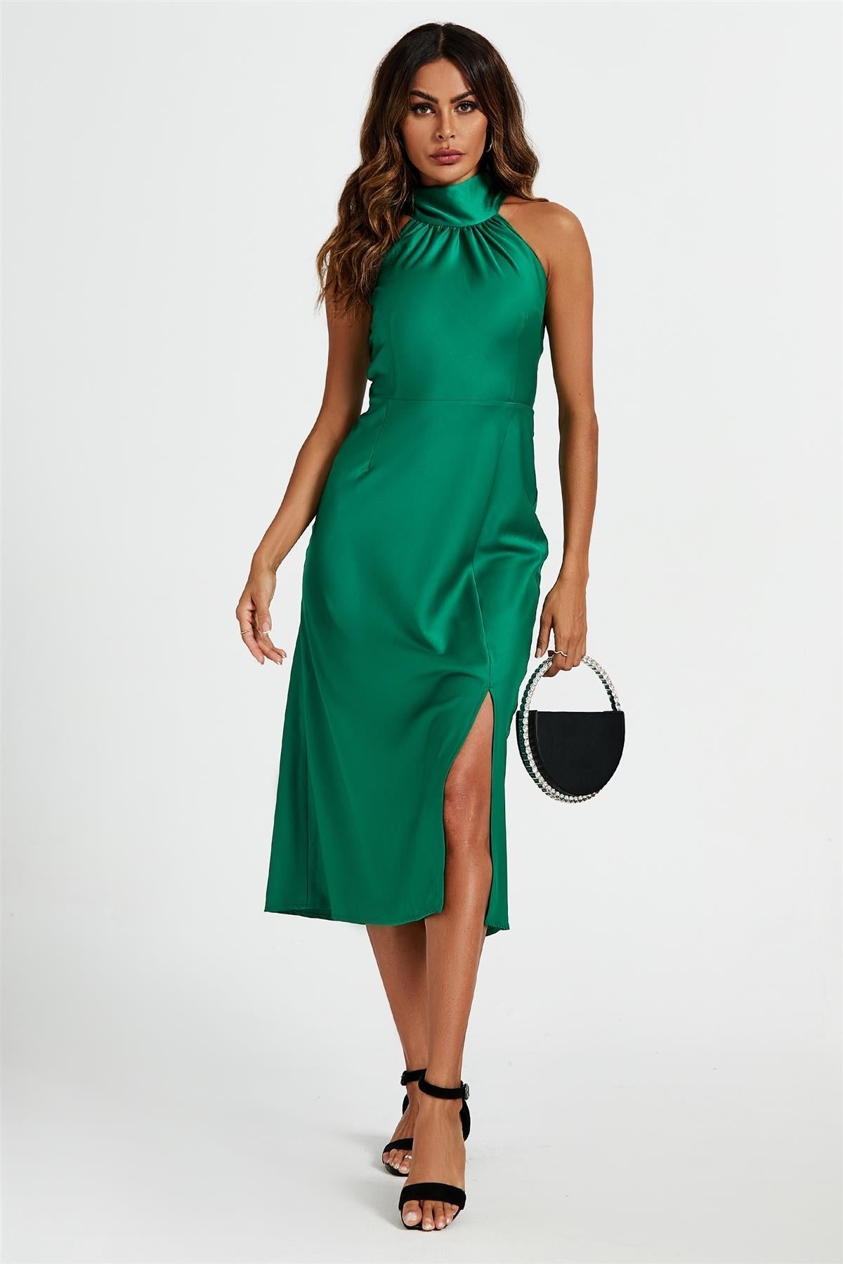 Satin Halter Neck Tie Back Midi Dress In Green - AXON