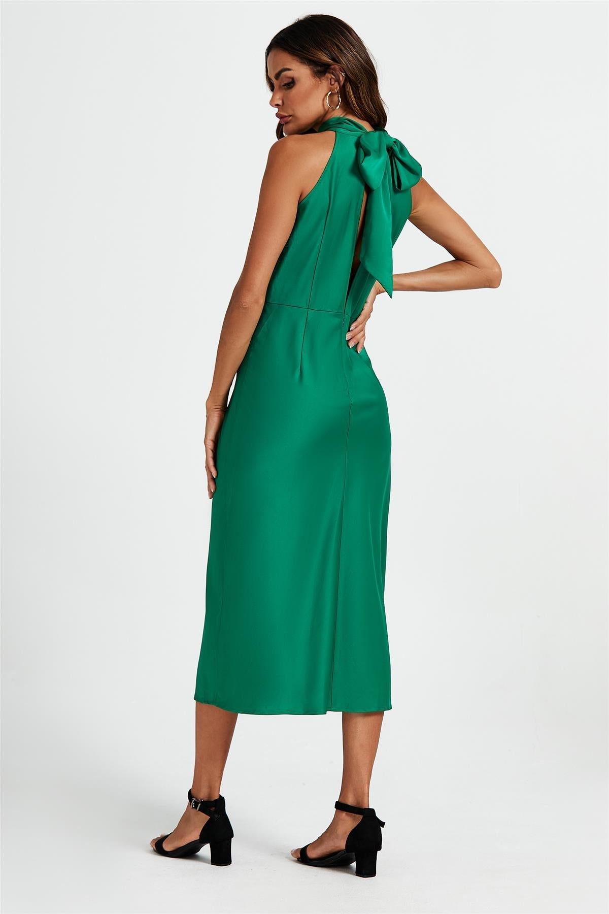 Satin Halter Neck Tie Back Midi Dress In Green - AXON