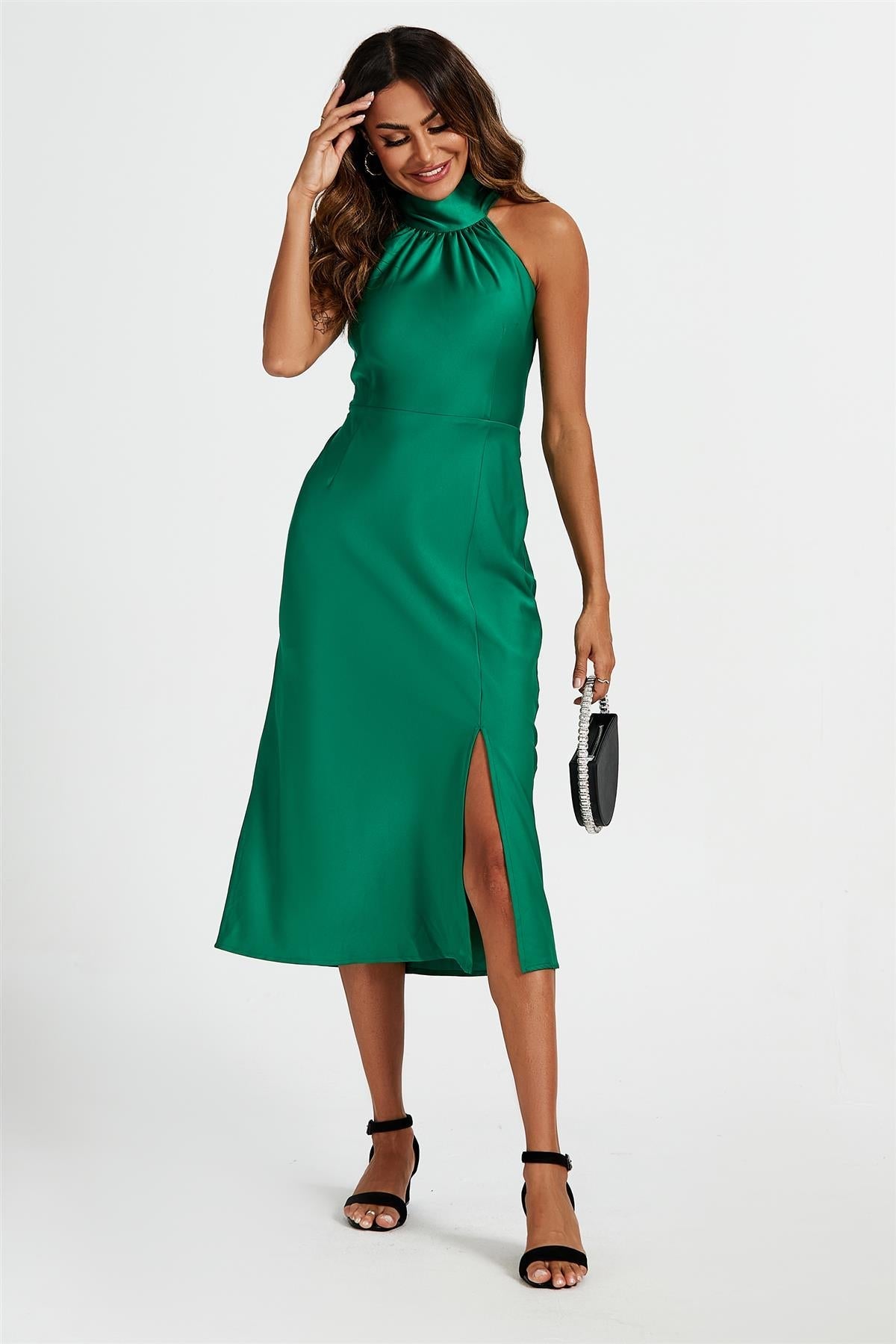 Satin Halter Neck Tie Back Midi Dress In Green - AXON