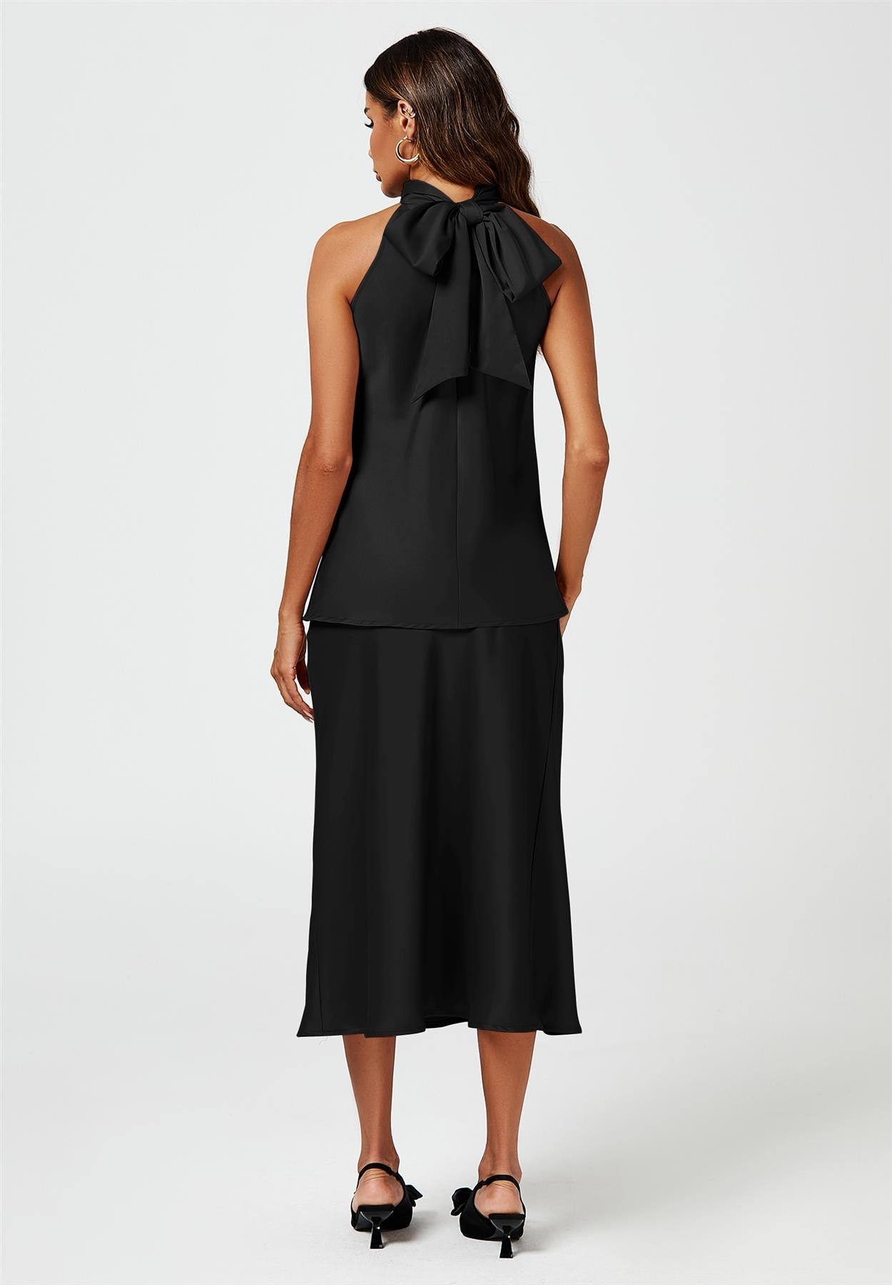 Satin Halter Neck Tie Back Top In Black - AXON