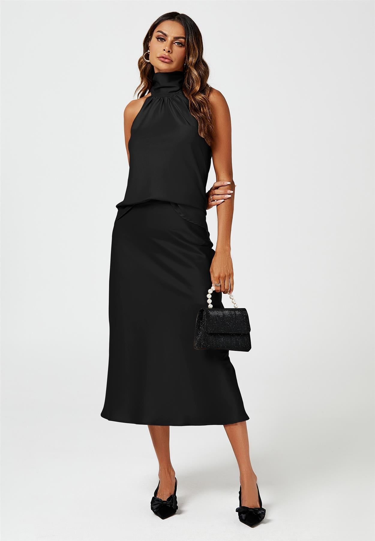 Satin Halter Neck Tie Back Top In Black - AXON