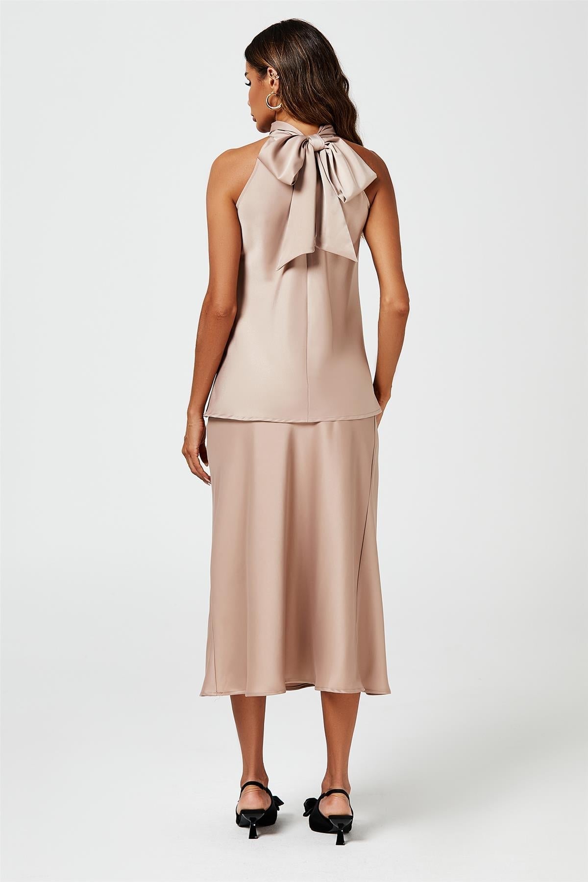 Satin Halter Neck Tie Back Top In Light Brown - AXON
