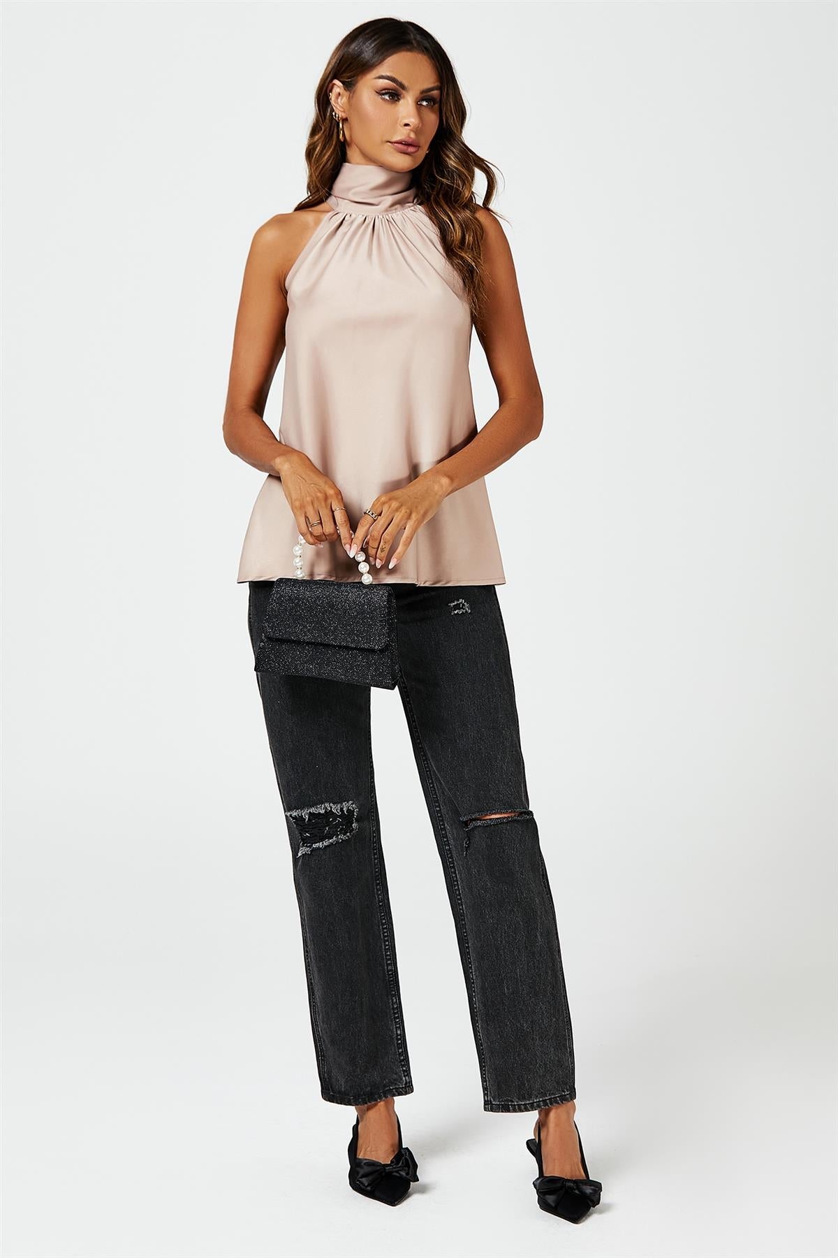 Satin Halter Neck Tie Back Top In Light Brown - AXON