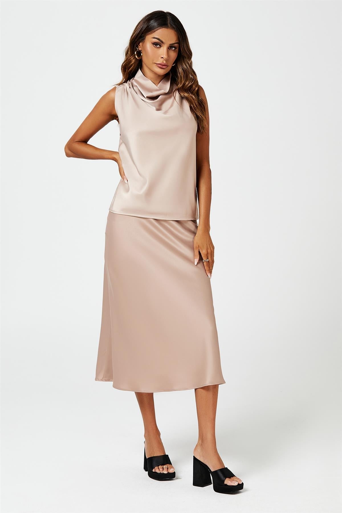 Satin High Neck Sleeveless Blouse In Light Brown - AXON