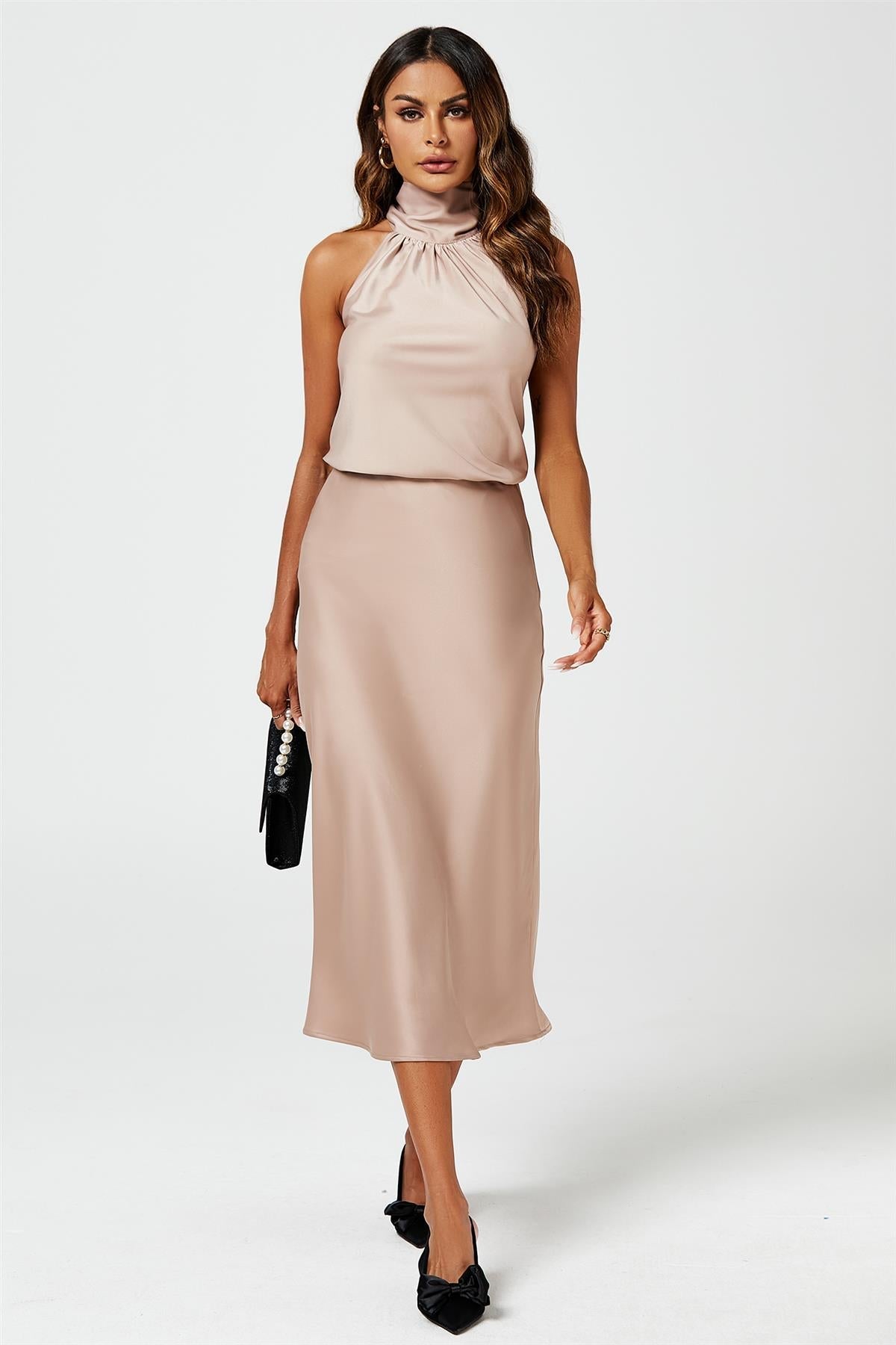Satin Midi Skirt In Light Brown - AXON
