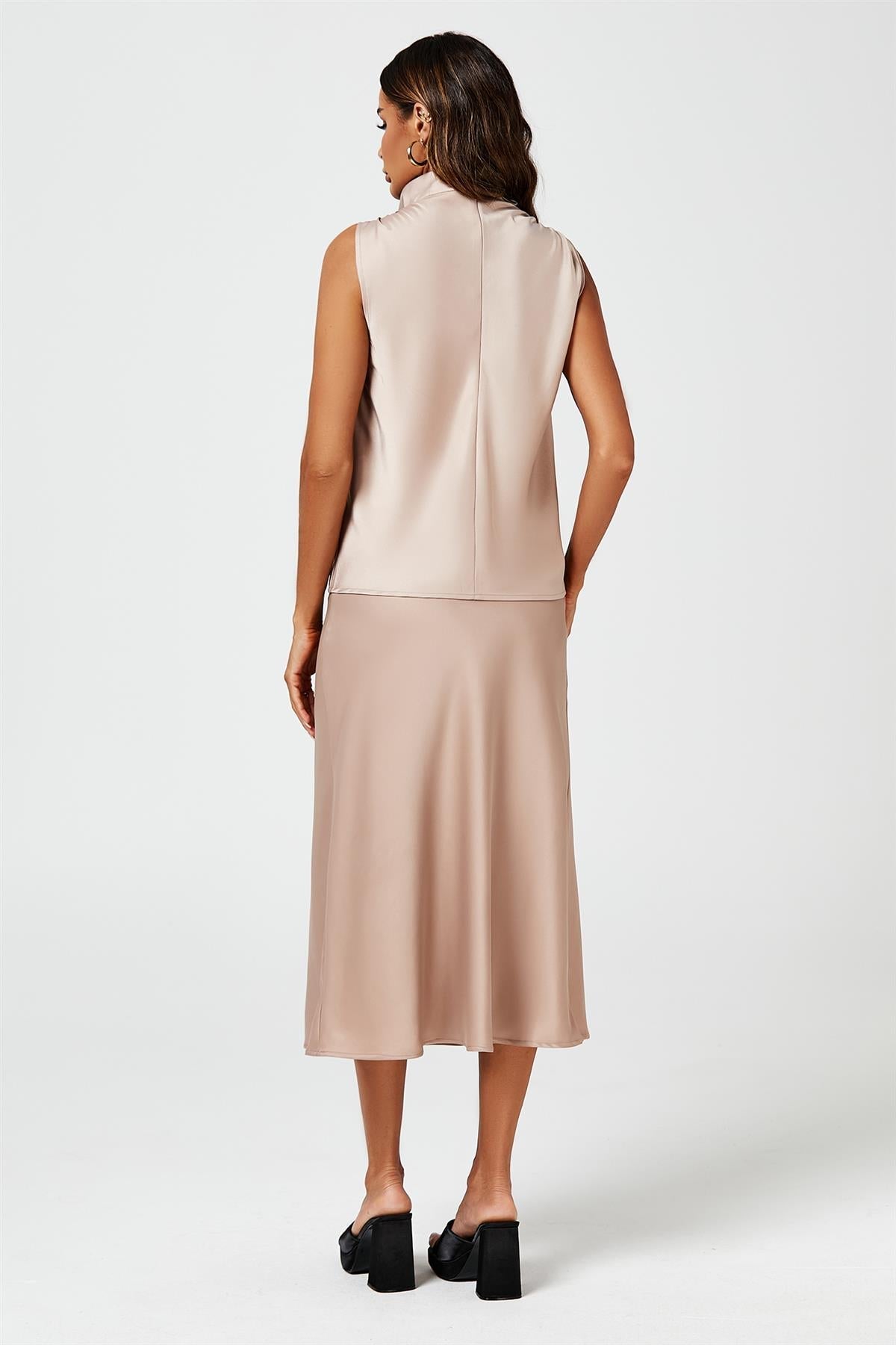 Satin Midi Skirt In Light Brown - AXON