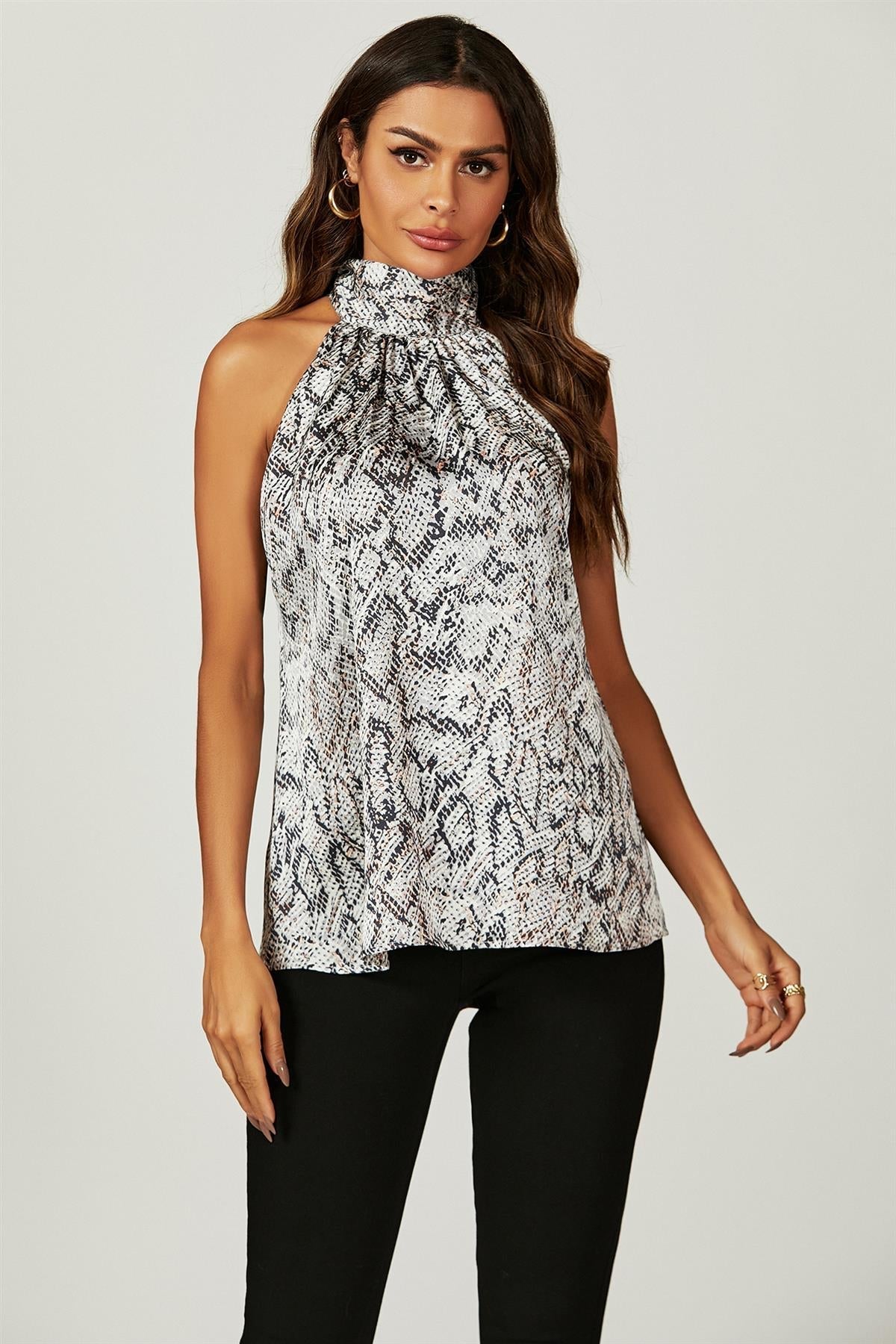 Satin Snake Print Halter Neck Tie Back Top In Silver Grey - AXON