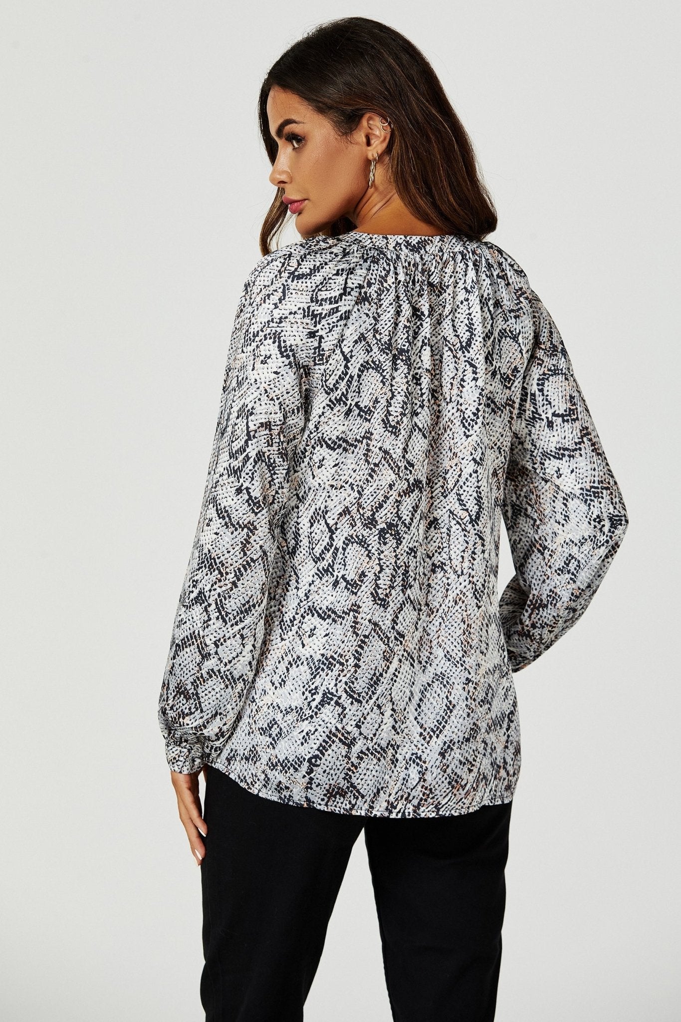 Satin Snake Print long sleeve Blouse Top In Grey - AXON