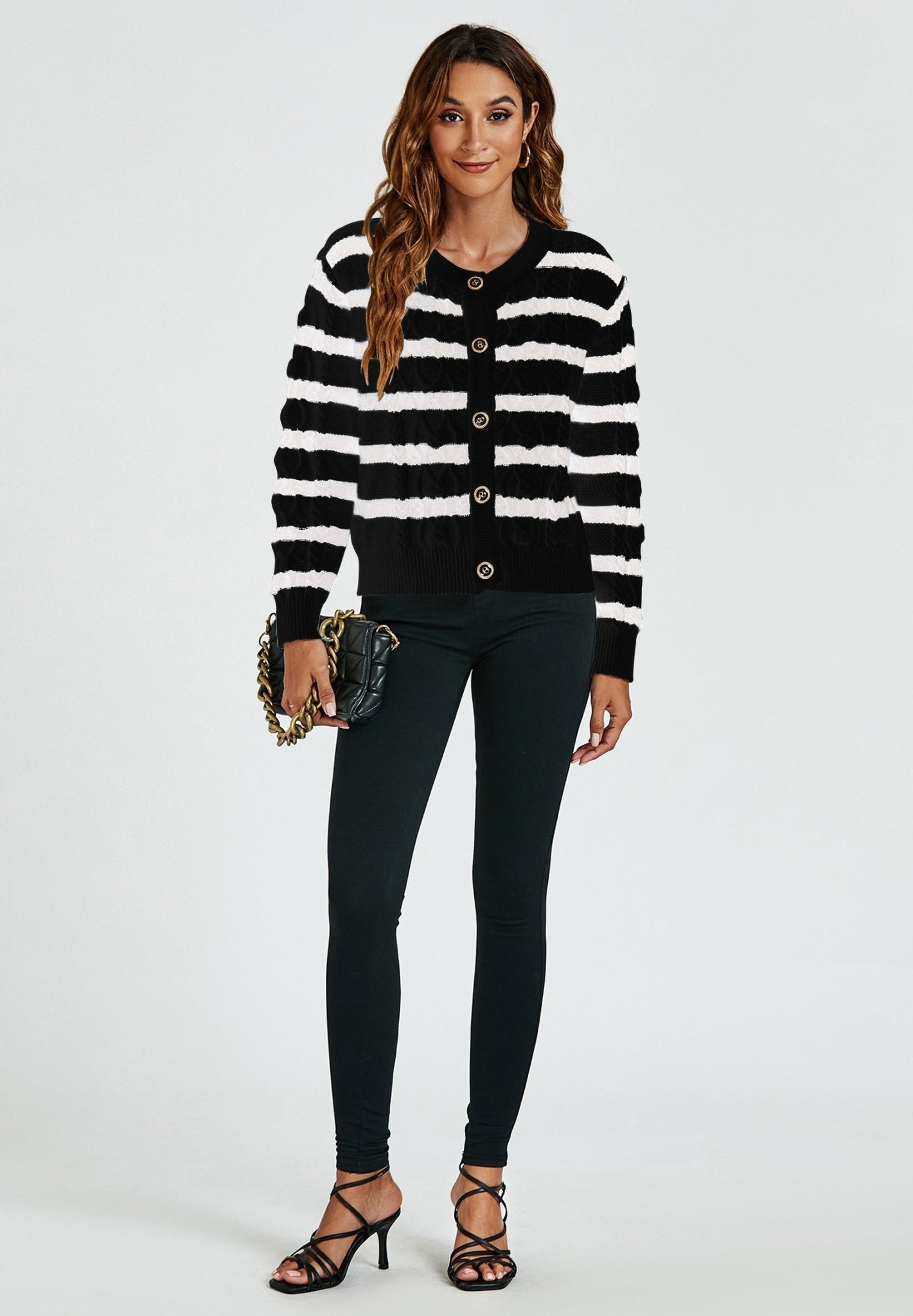 Schwarze - weiße Strickjacke mit Streifenmuster - AXON