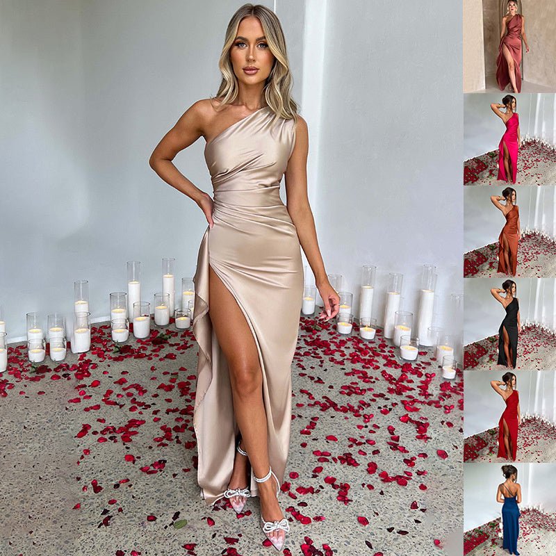Sexy One - shoulder Backless Slit Dress Sexy Elegant Slim - fit Solid Color Satin Dresses For Solid Color - AXON