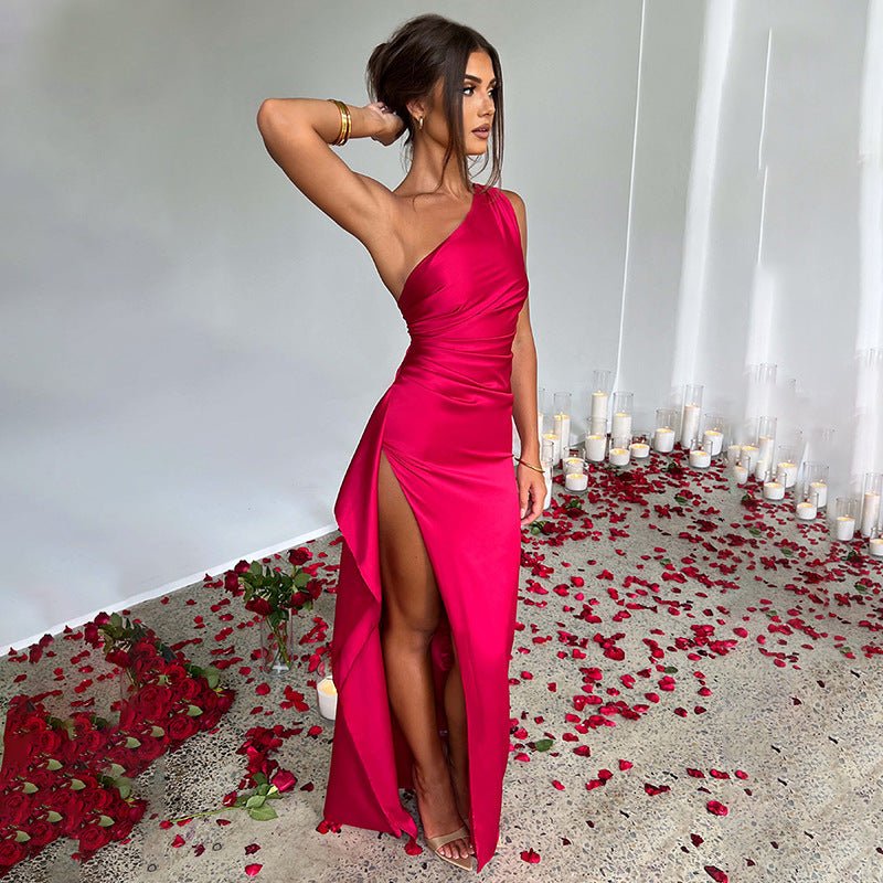 Sexy One - shoulder Backless Slit Dress Sexy Elegant Slim - fit Solid Color Satin Dresses For Solid Color - AXON