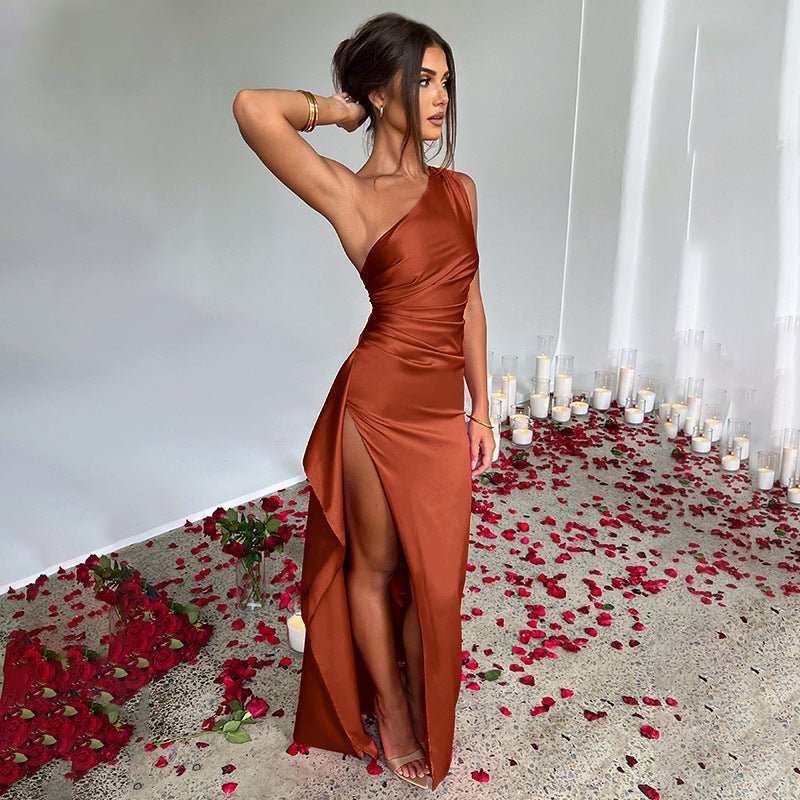 Sexy One - shoulder Backless Slit Dress Sexy Elegant Slim - fit Solid Color Satin Dresses For Solid Color - AXON