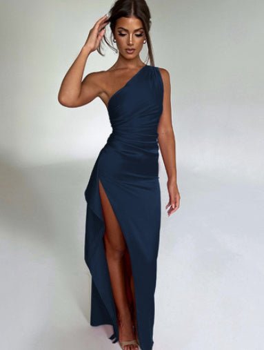 Sexy One - shoulder Backless Slit Dress Sexy Elegant Slim - fit Solid Color Satin Dresses For Solid Color - AXON