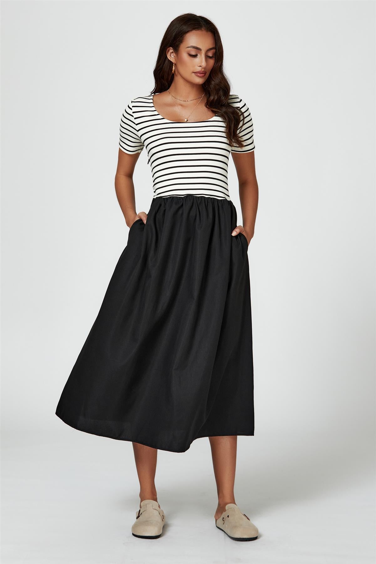 Short Sleeve Black Stripe Midi Dress In White - AXON