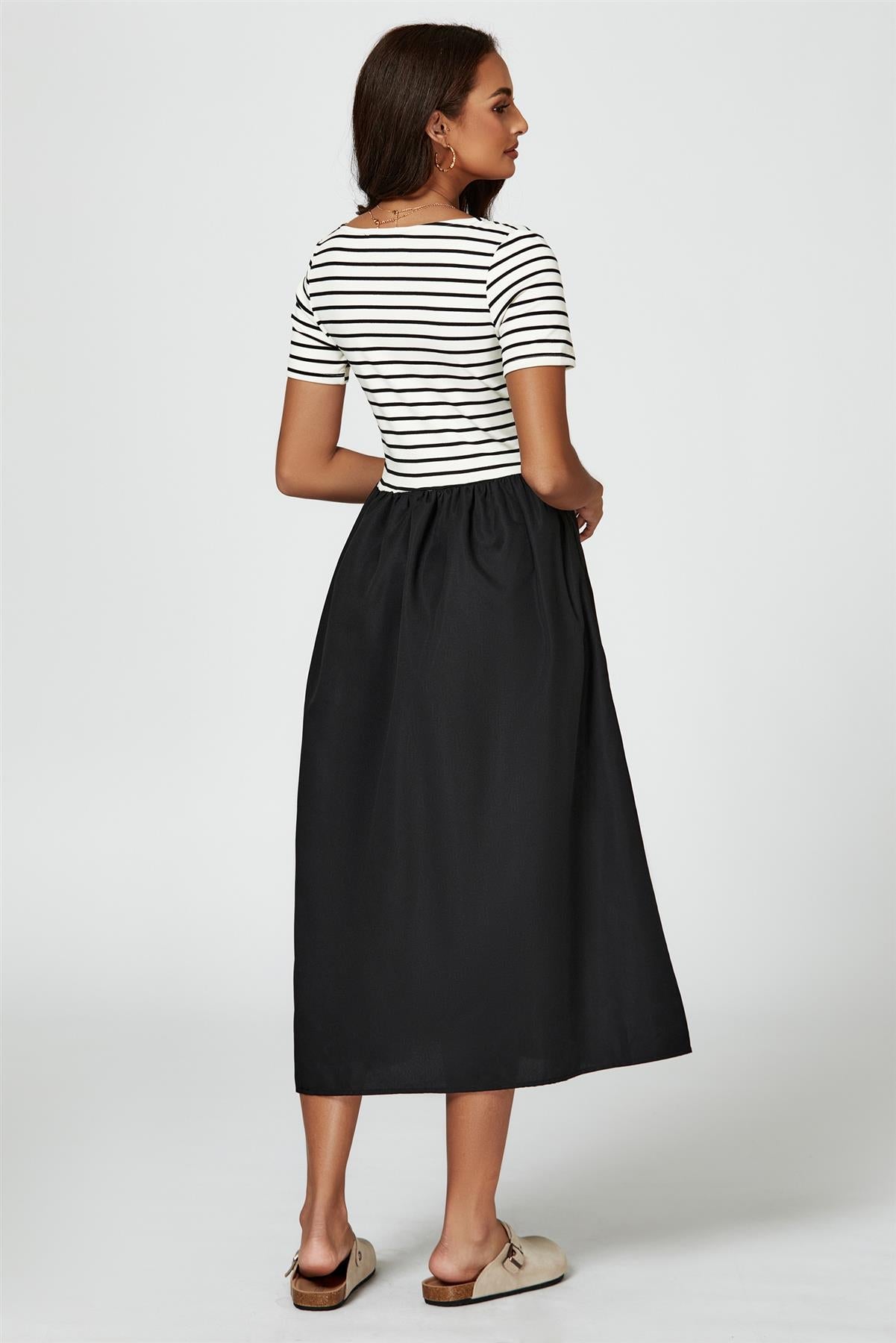 Short Sleeve Black Stripe Midi Dress In White - AXON