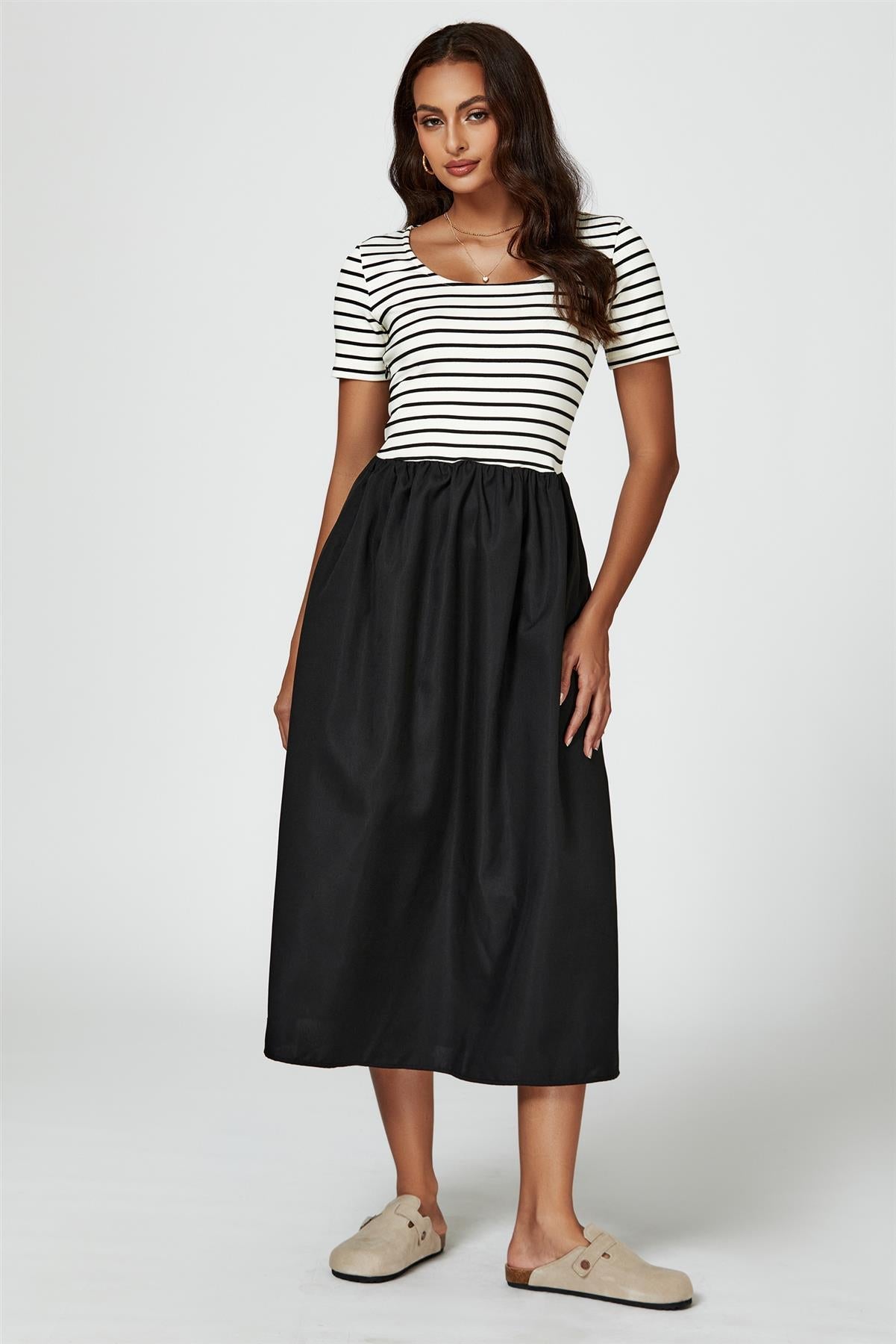 Short Sleeve Black Stripe Midi Dress In White - AXON
