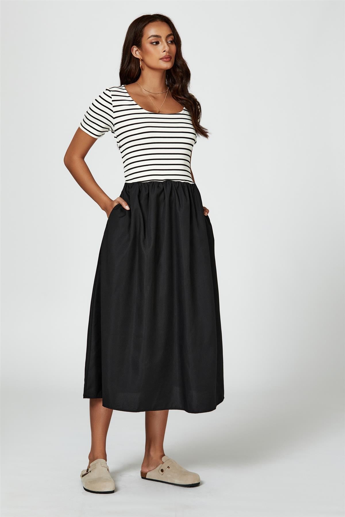 Short Sleeve Black Stripe Midi Dress In White - AXON