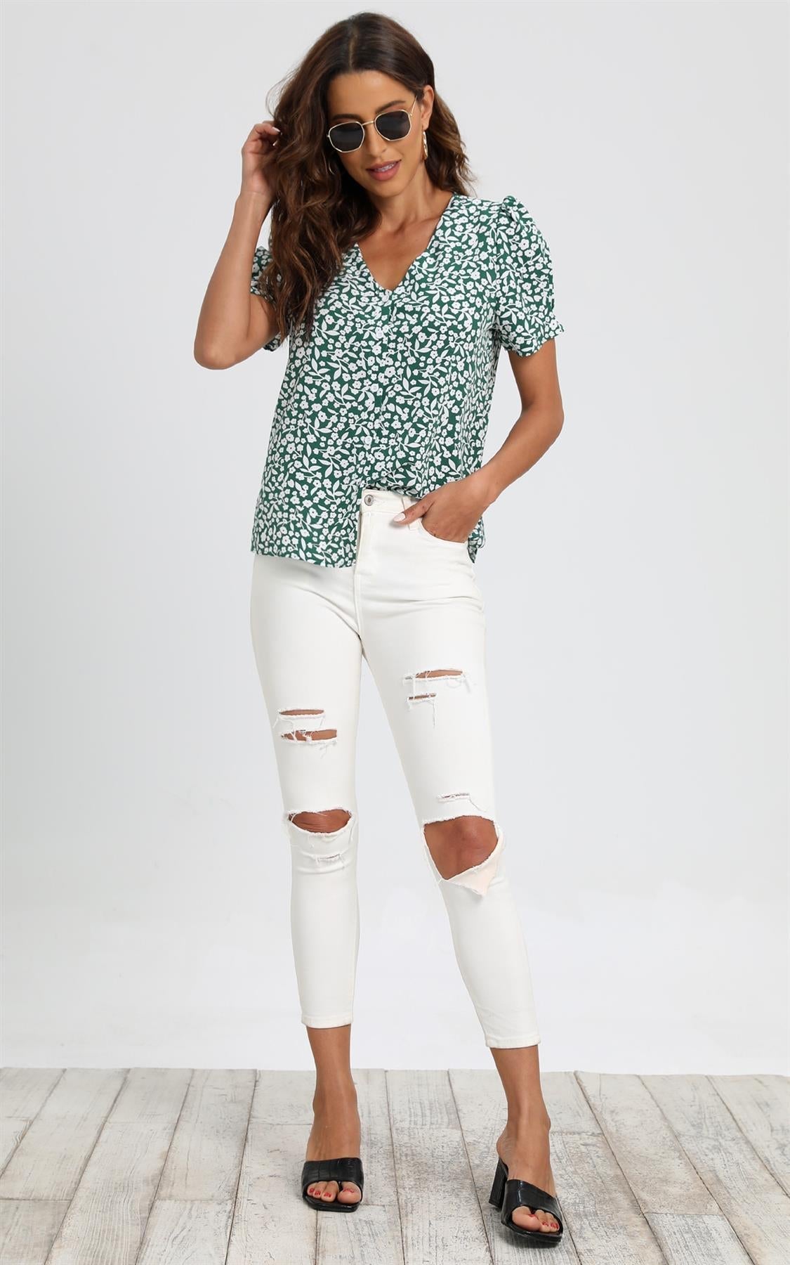Short Sleeve Buttoned Blouse Top In Green & White Flora Print - AXON