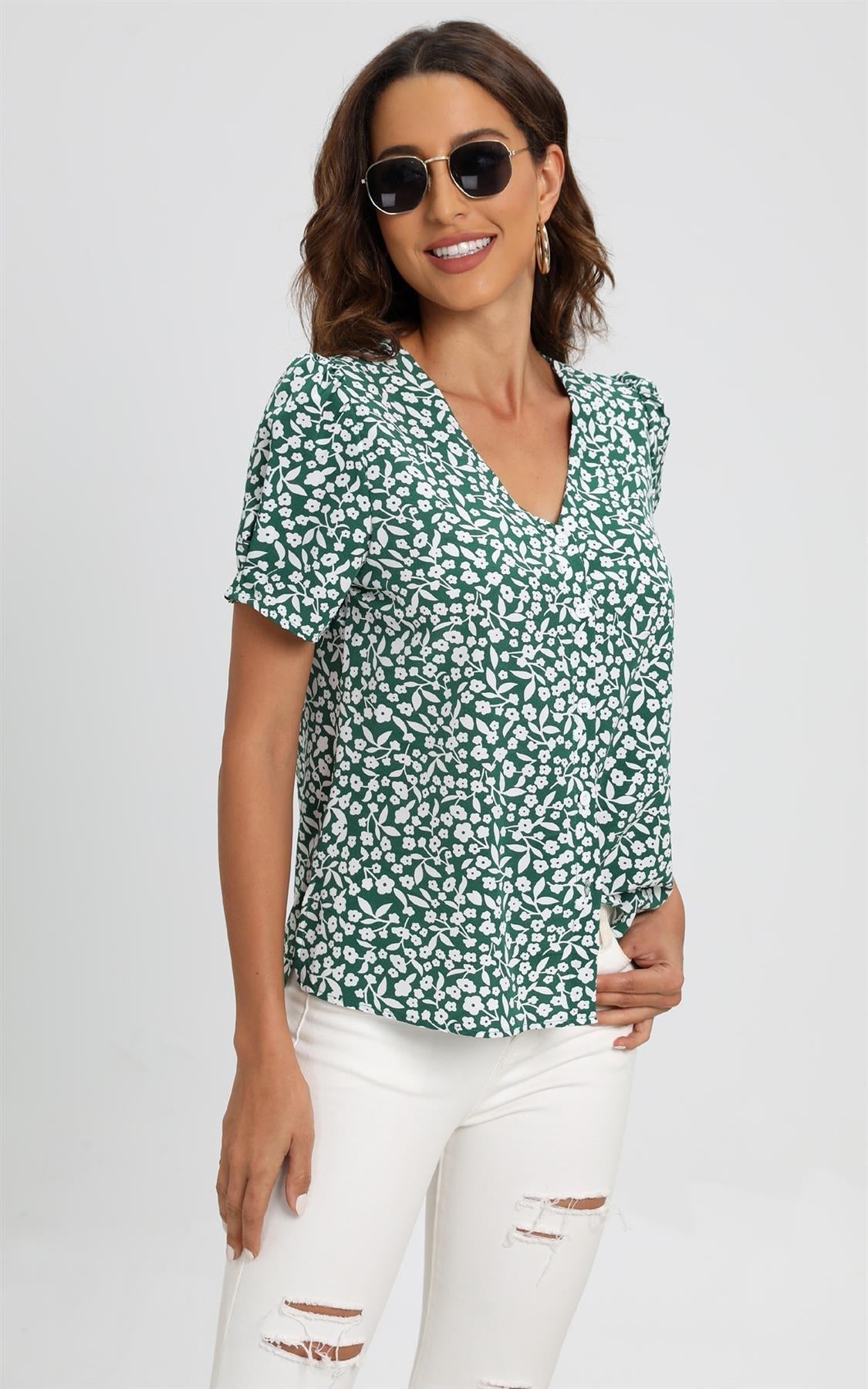 Short Sleeve Buttoned Blouse Top In Green & White Flora Print - AXON
