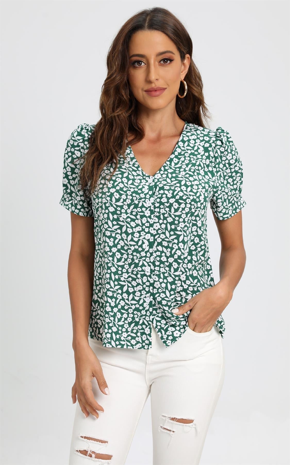 Short Sleeve Buttoned Blouse Top In Green & White Flora Print - AXON