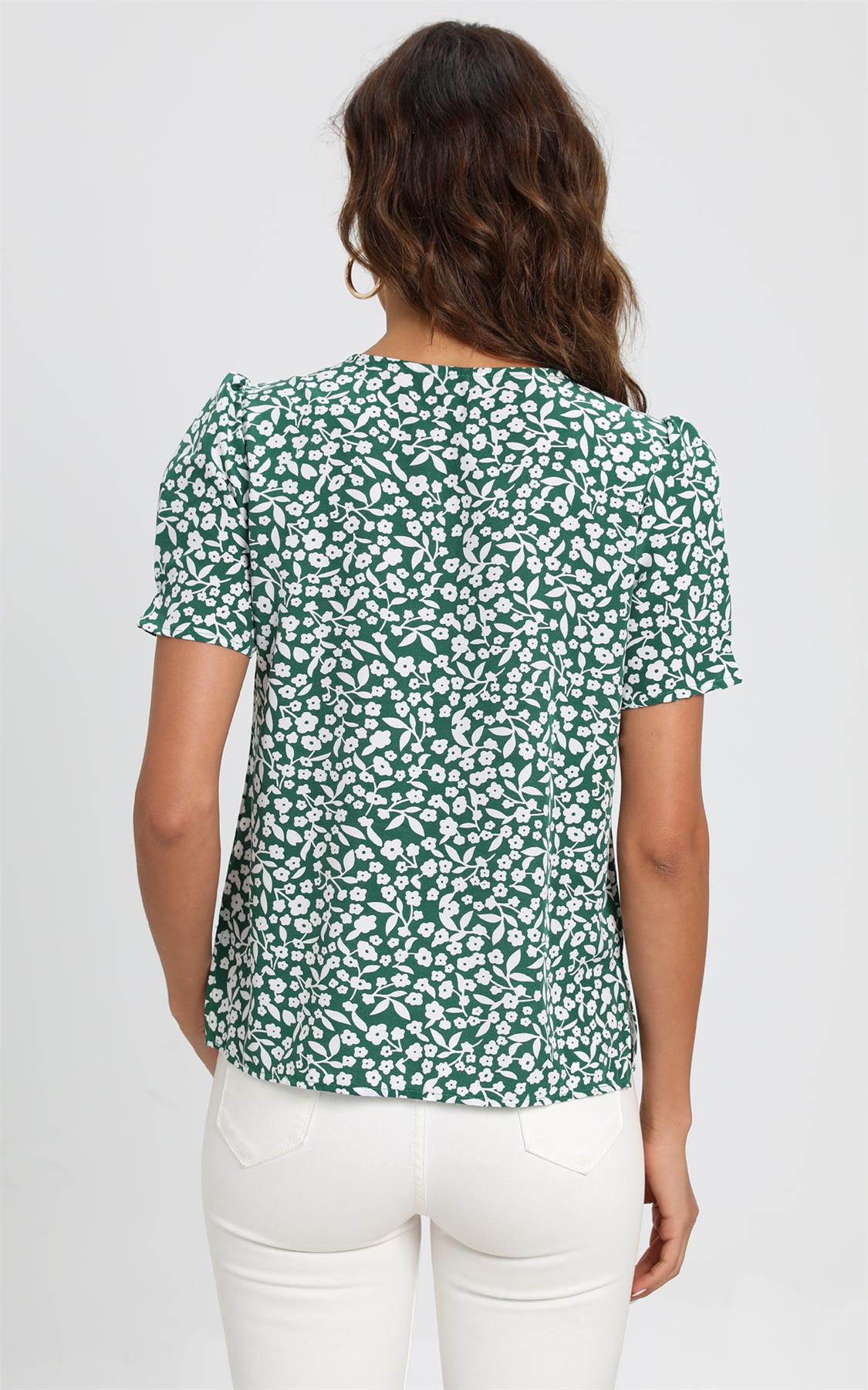 Short Sleeve Buttoned Blouse Top In Green & White Flora Print - AXON