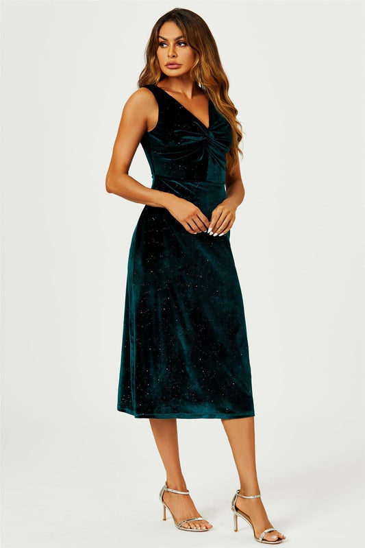 Silver Sparkly Velvet Knot Front Midi Dress In Green - AXON