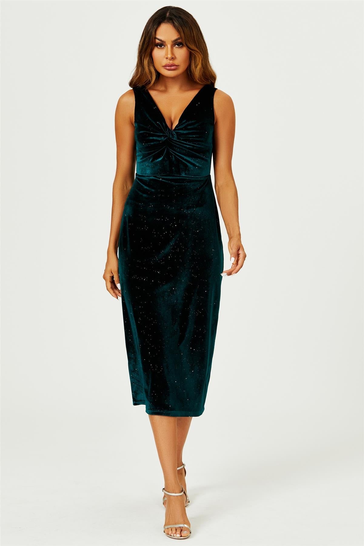 Silver Sparkly Velvet Knot Front Midi Dress In Green - AXON