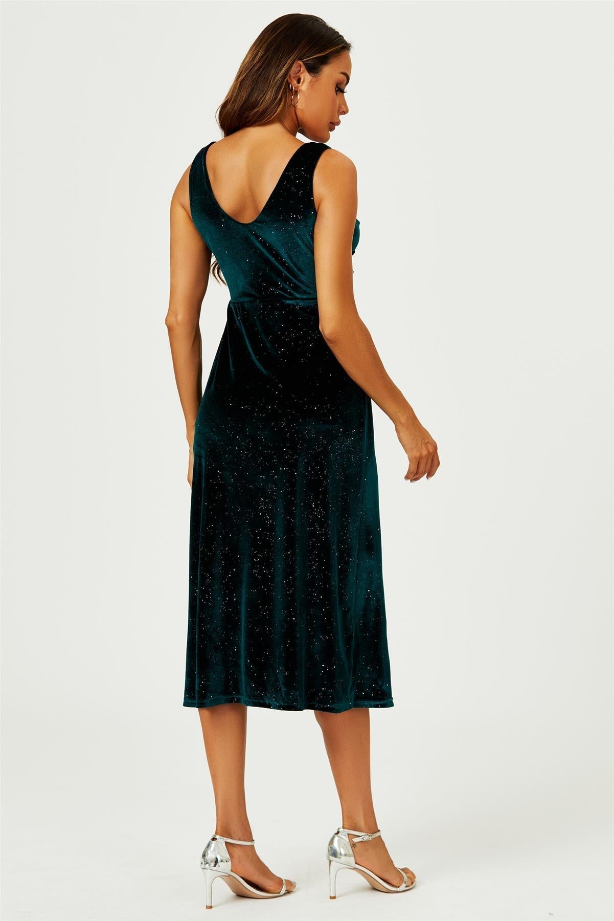 Silver Sparkly Velvet Knot Front Midi Dress In Green - AXON