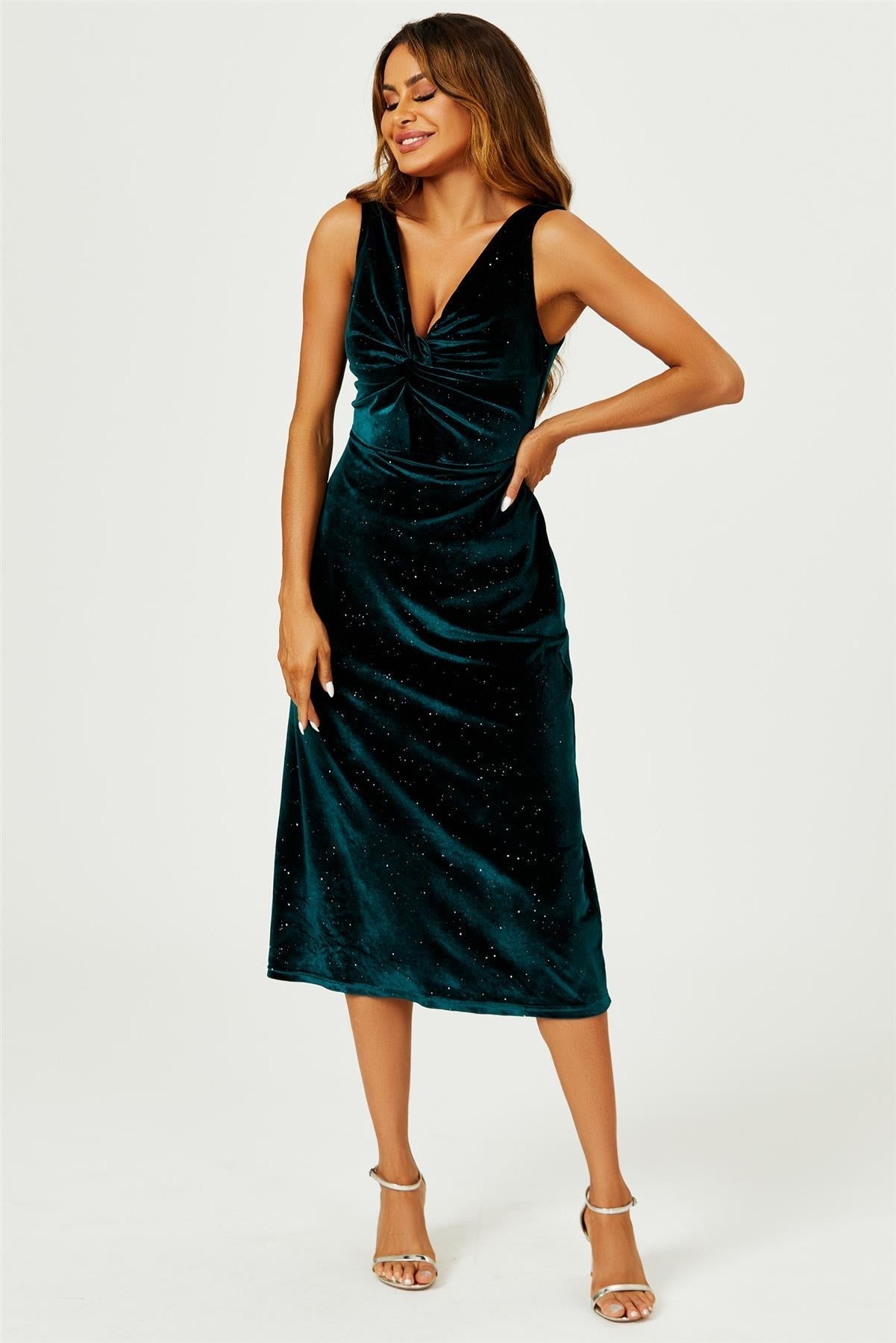 Silver Sparkly Velvet Knot Front Midi Dress In Green - AXON