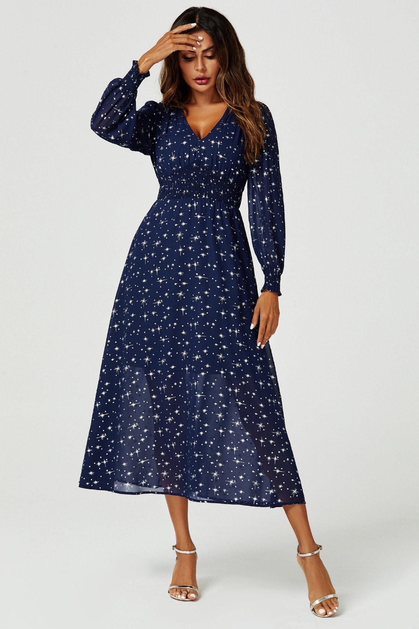 Silver Star Foil Long Sleeve Maxi Dress In Navy - AXON