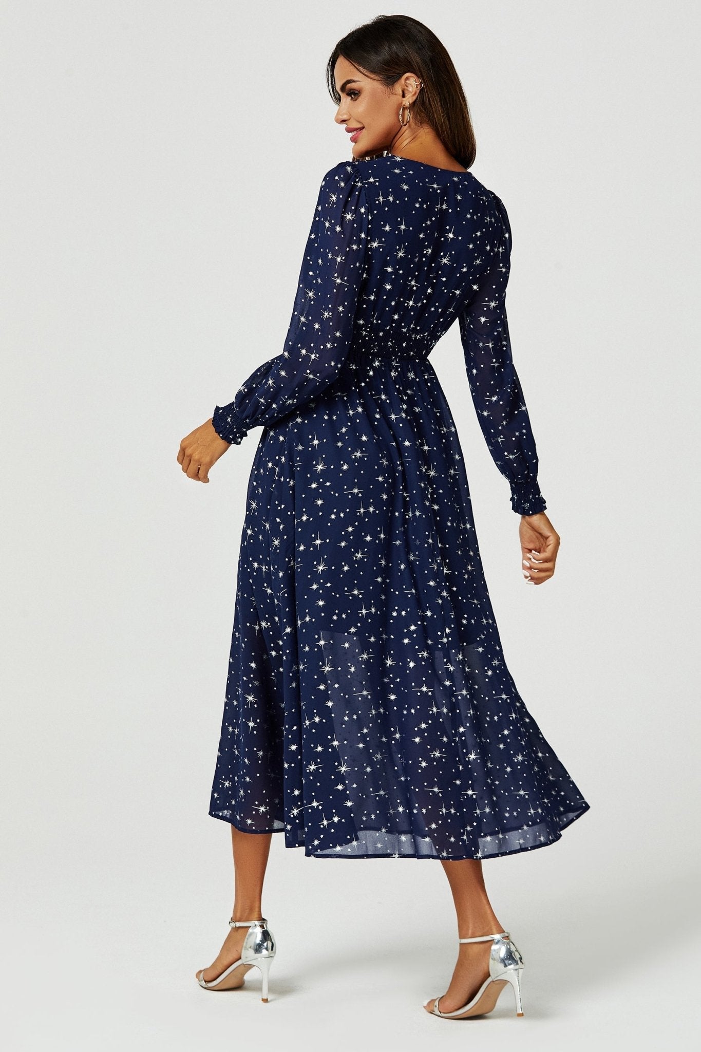 Silver Star Foil Long Sleeve Maxi Dress In Navy - AXON