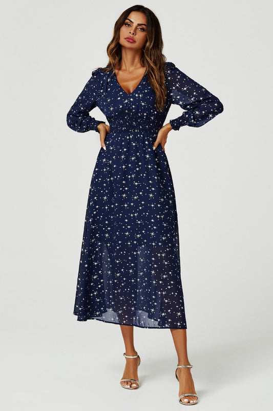 Silver Star Foil Long Sleeve Maxi Dress In Navy - AXON